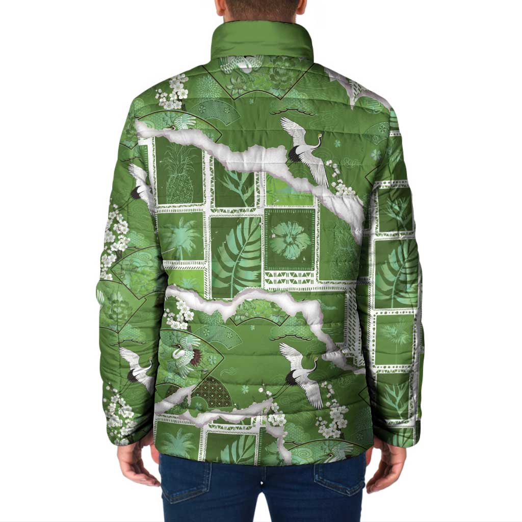 Hawaii Japanese Culture Sage Green Padded Jacket Spring Cranes Aloha Pattern LT01 - Polynesian Pride