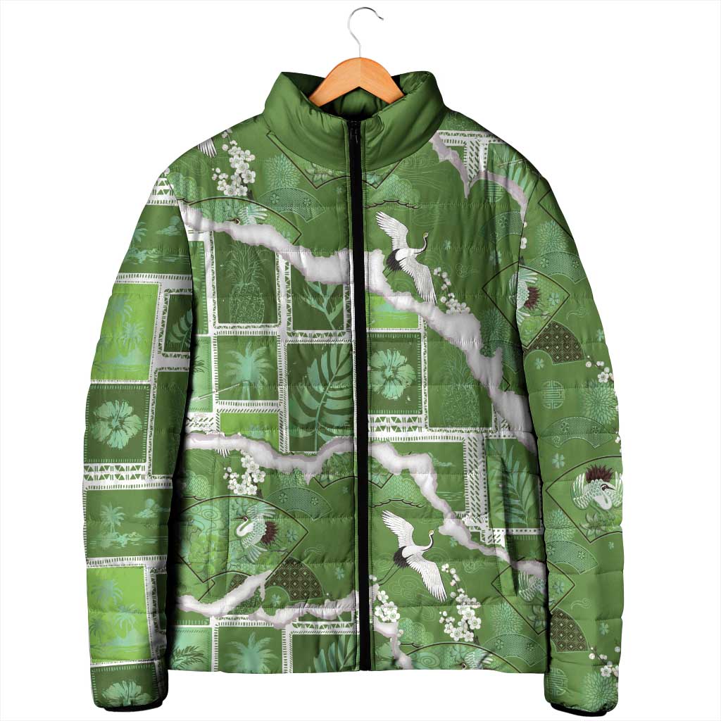 Hawaii Japanese Culture Sage Green Padded Jacket Spring Cranes Aloha Pattern LT01 - Polynesian Pride