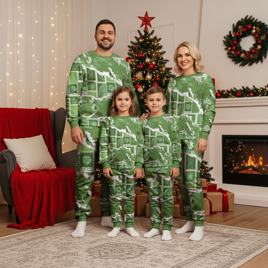 Hawaii Japanese Culture Sage Green Christmas Pajama Set Spring Cranes Aloha Pattern LT01 - Polynesian Pride