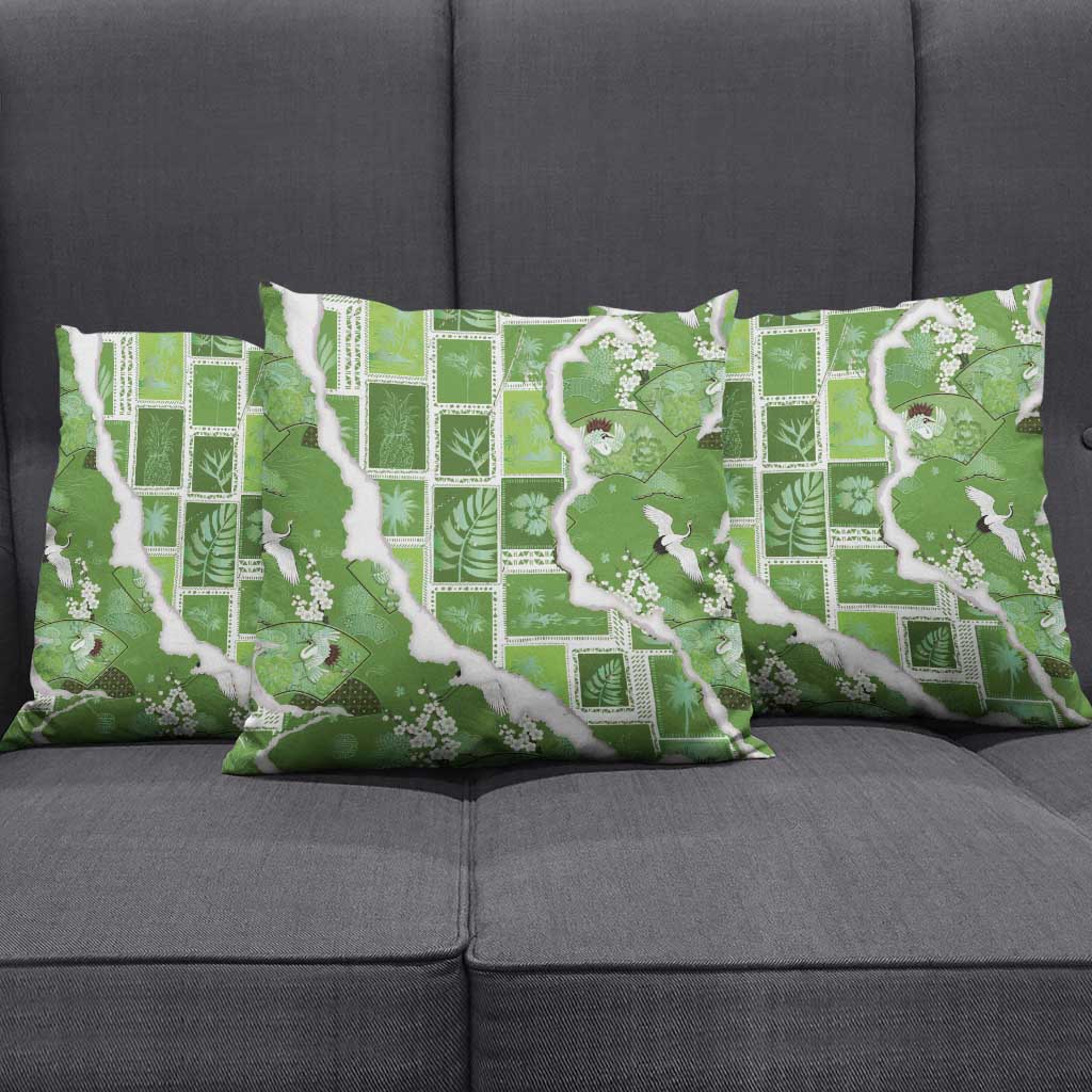 Hawaii Japanese Culture Sage Green Pillow Cover Spring Cranes Aloha Pattern LT01 - Polynesian Pride