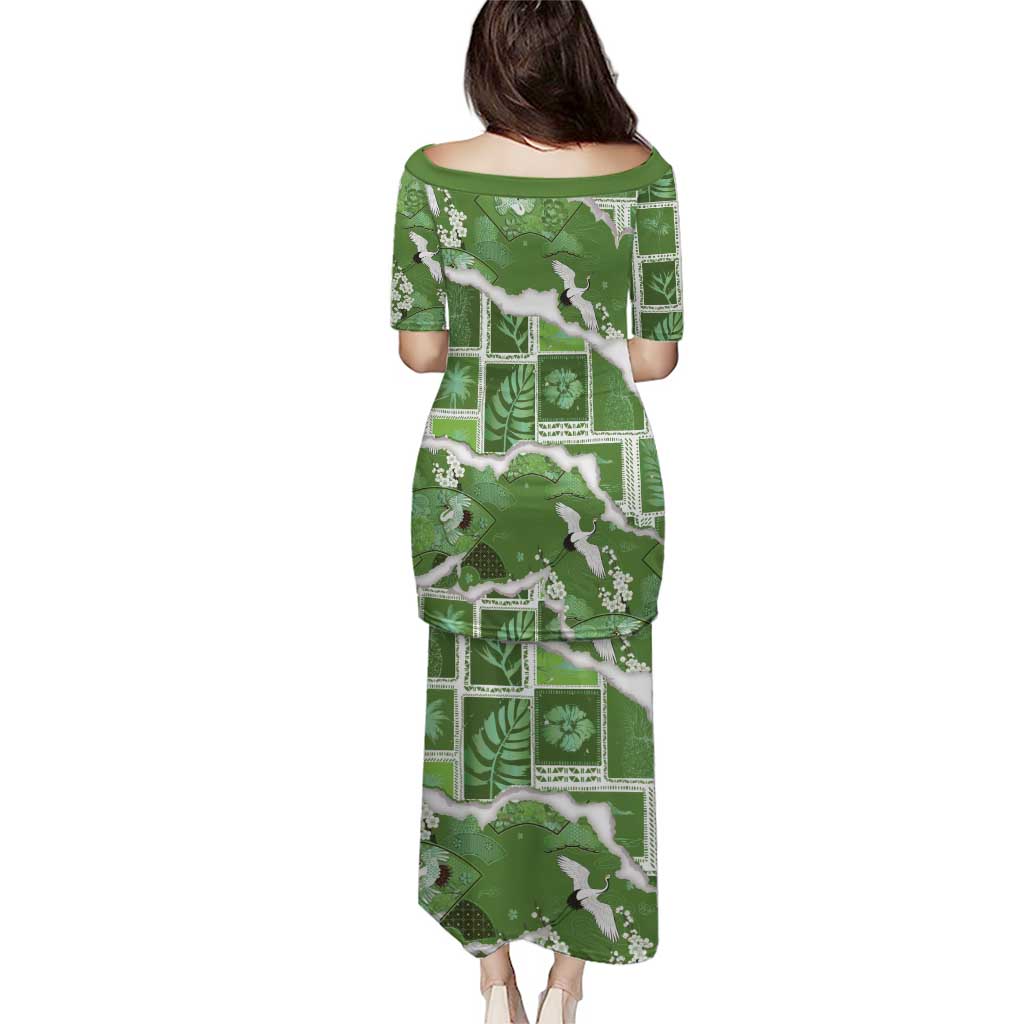 Hawaii Japanese Culture Sage Green Puletasi Spring Cranes Aloha Pattern LT01 - Polynesian Pride