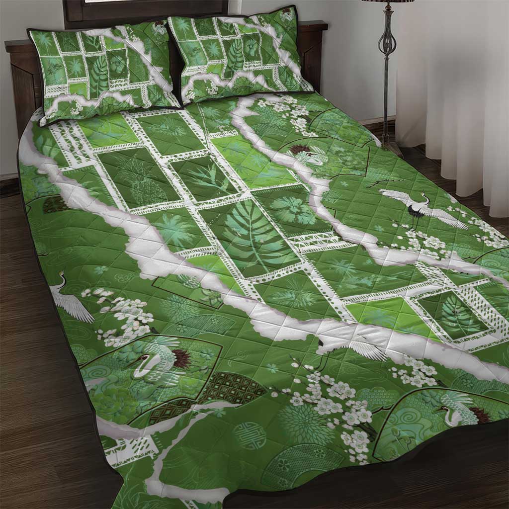 Hawaii Japanese Culture Sage Green Quilt Bed Set Spring Cranes Aloha Pattern LT01 Sage - Polynesian Pride