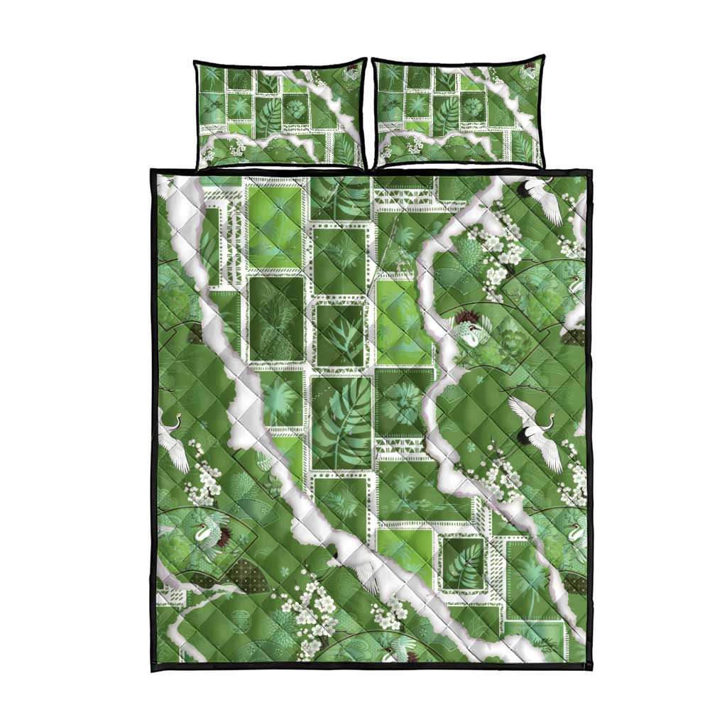 Hawaii Japanese Culture Sage Green Quilt Bed Set Spring Cranes Aloha Pattern LT01 - Polynesian Pride