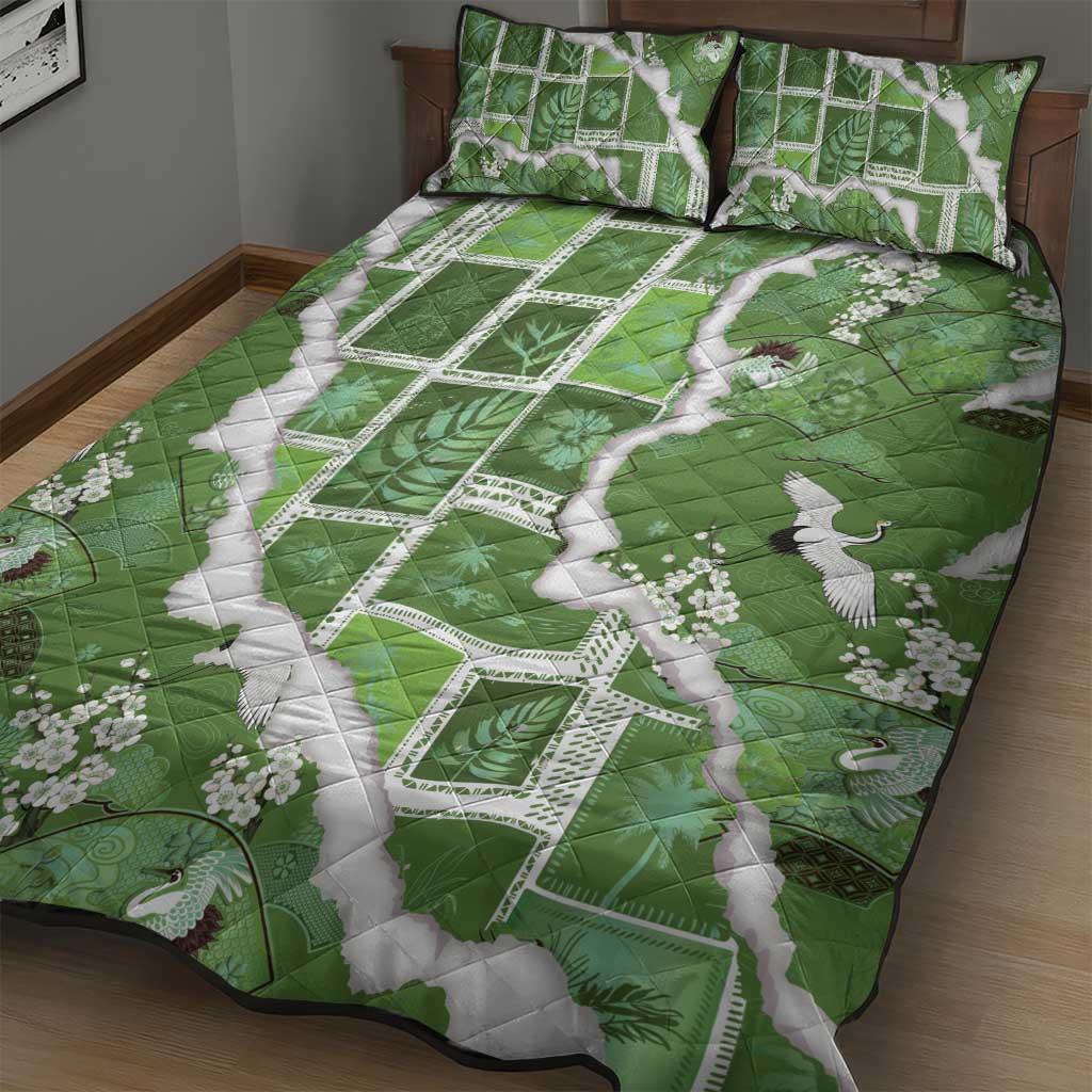 Hawaii Japanese Culture Sage Green Quilt Bed Set Spring Cranes Aloha Pattern LT01 - Polynesian Pride