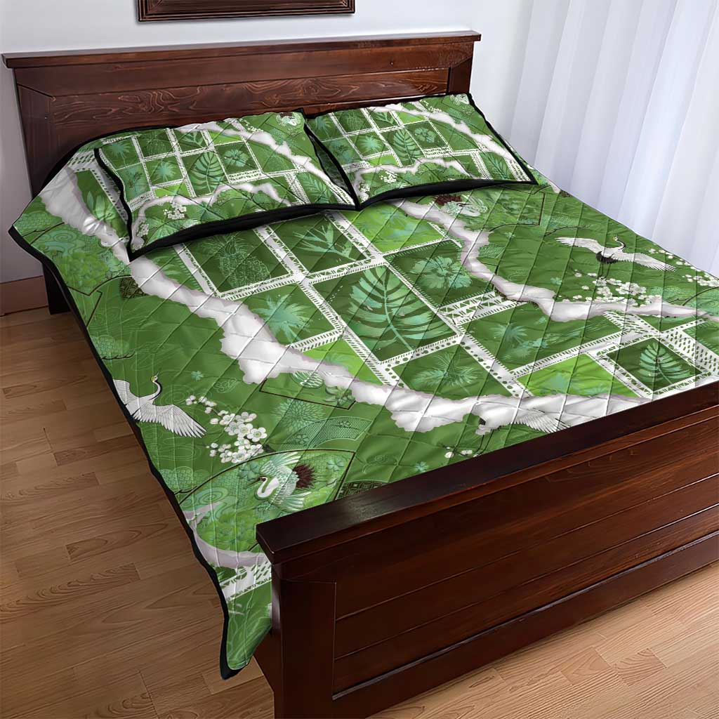 Hawaii Japanese Culture Sage Green Quilt Bed Set Spring Cranes Aloha Pattern LT01 - Polynesian Pride