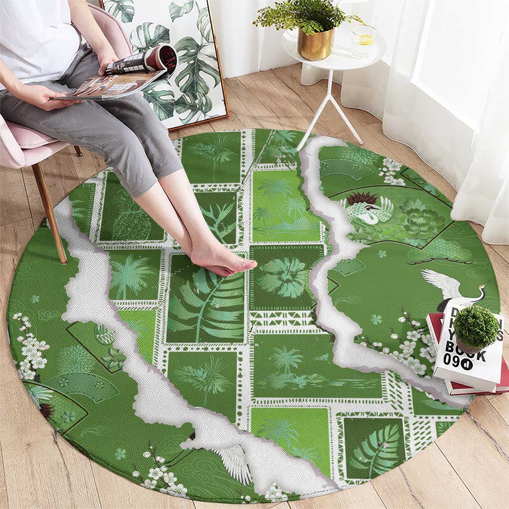 Hawaii Japanese Culture Sage Green Round Carpet Spring Cranes Aloha Pattern LT01 - Polynesian Pride