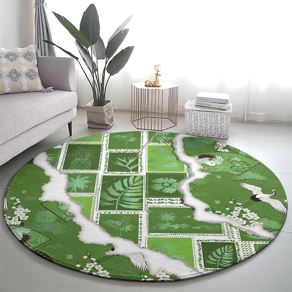 Hawaii Japanese Culture Sage Green Round Carpet Spring Cranes Aloha Pattern LT01 - Polynesian Pride