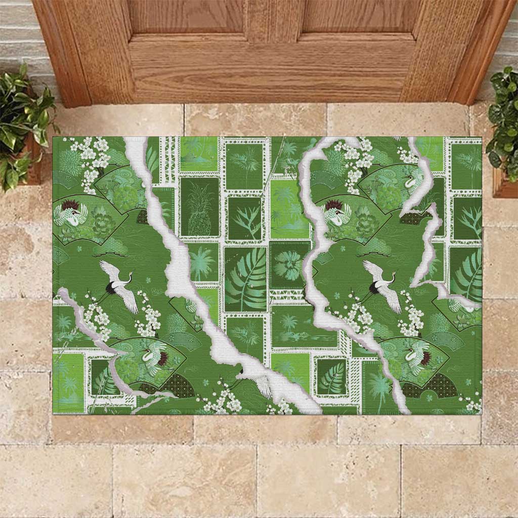 Hawaii Japanese Culture Sage Green Rubber Doormat Spring Cranes Aloha Pattern LT01 Sage - Polynesian Pride