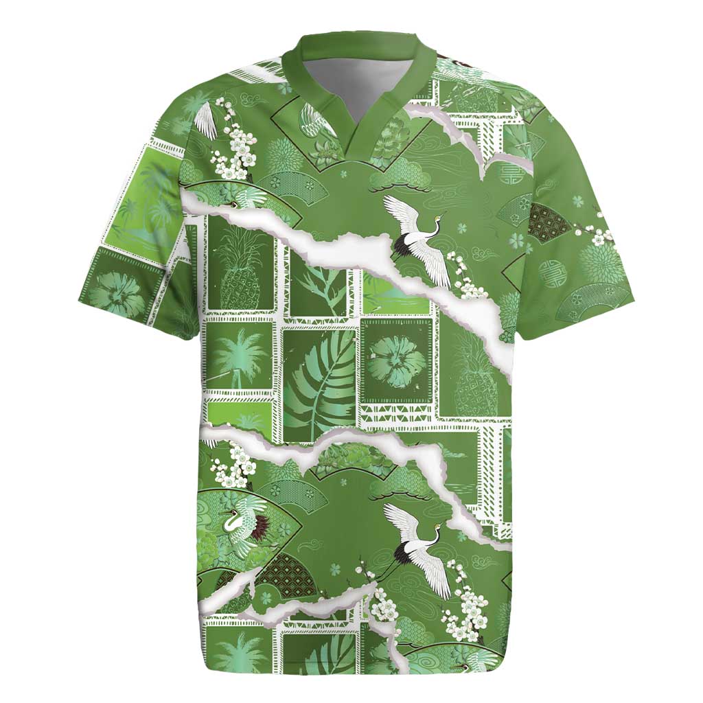 Hawaii Japanese Culture Sage Green Rugby Jersey Spring Cranes Aloha Pattern LT01 Sage - Polynesian Pride