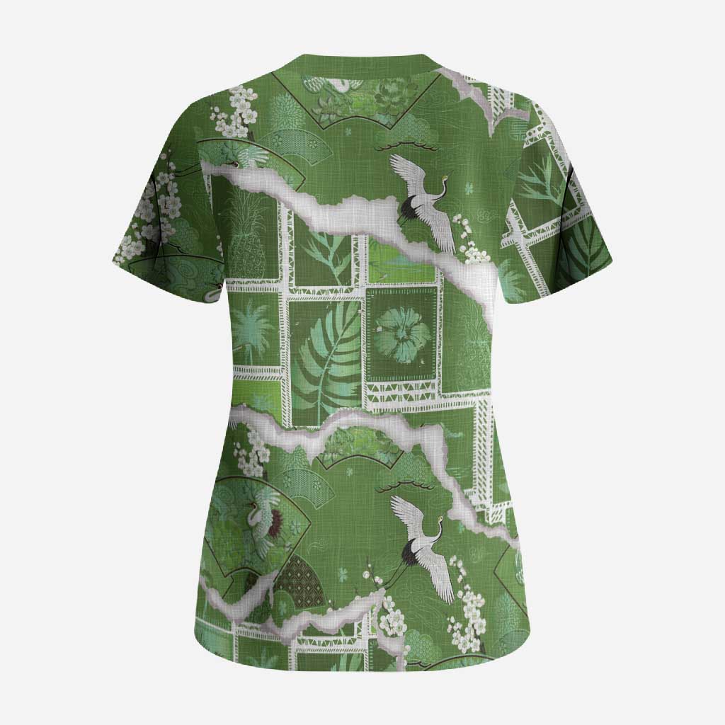 Hawaii Japanese Culture Sage Green Scrub Top Spring Cranes Aloha Pattern LT01 - Polynesian Pride