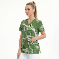 Hawaii Japanese Culture Sage Green Scrub Top Spring Cranes Aloha Pattern LT01 - Polynesian Pride