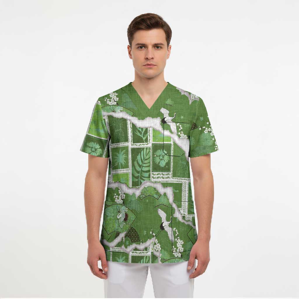Hawaii Japanese Culture Sage Green Scrub Top Spring Cranes Aloha Pattern LT01 - Polynesian Pride