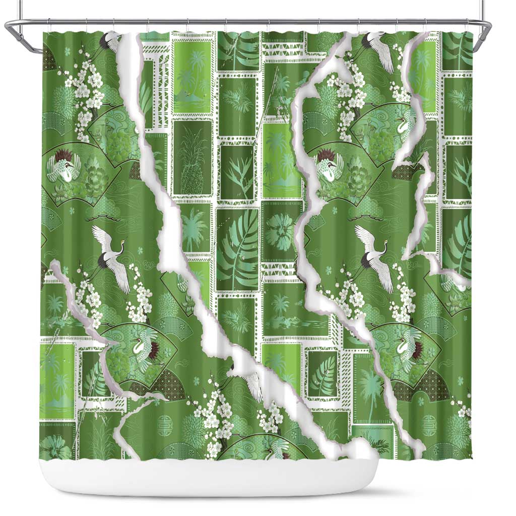 Hawaii Japanese Culture Sage Green Shower Curtain Spring Cranes Aloha Pattern LT01 Sage - Polynesian Pride