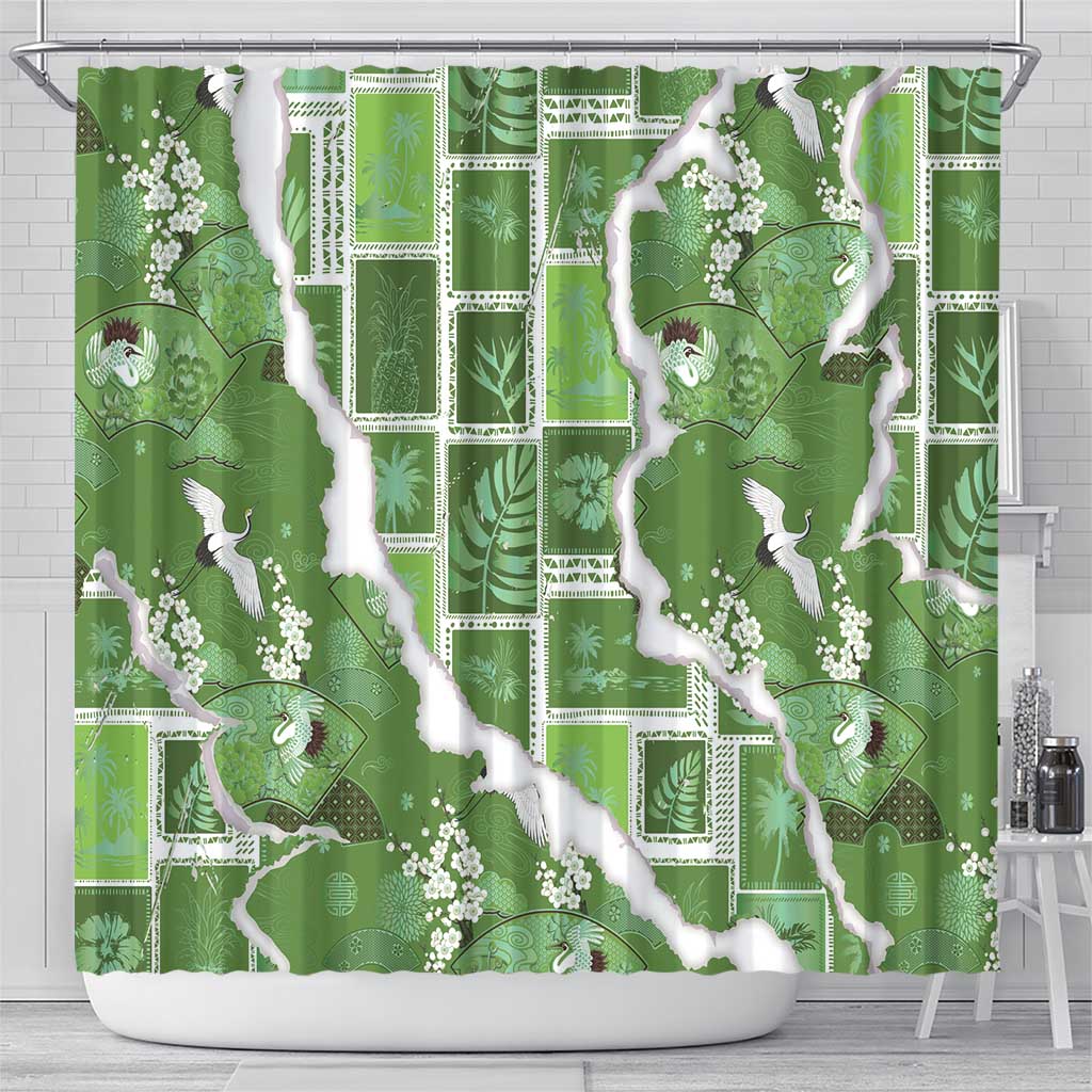 Hawaii Japanese Culture Sage Green Shower Curtain Spring Cranes Aloha Pattern LT01 - Polynesian Pride