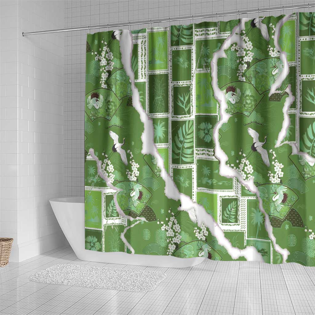 Hawaii Japanese Culture Sage Green Shower Curtain Spring Cranes Aloha Pattern LT01 - Polynesian Pride
