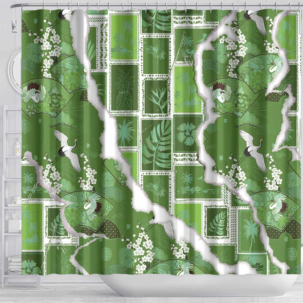 Hawaii Japanese Culture Sage Green Shower Curtain Spring Cranes Aloha Pattern LT01 - Polynesian Pride