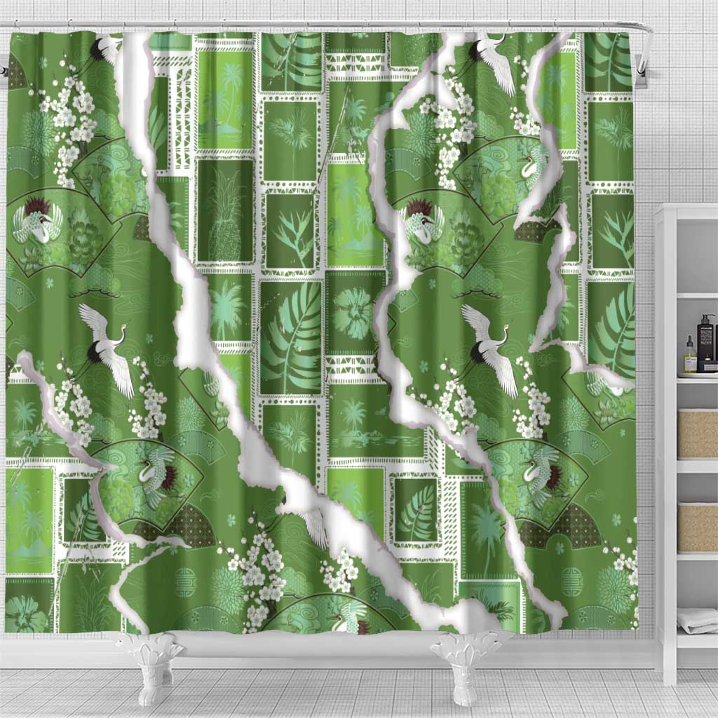 Hawaii Japanese Culture Sage Green Shower Curtain Spring Cranes Aloha Pattern LT01 - Polynesian Pride