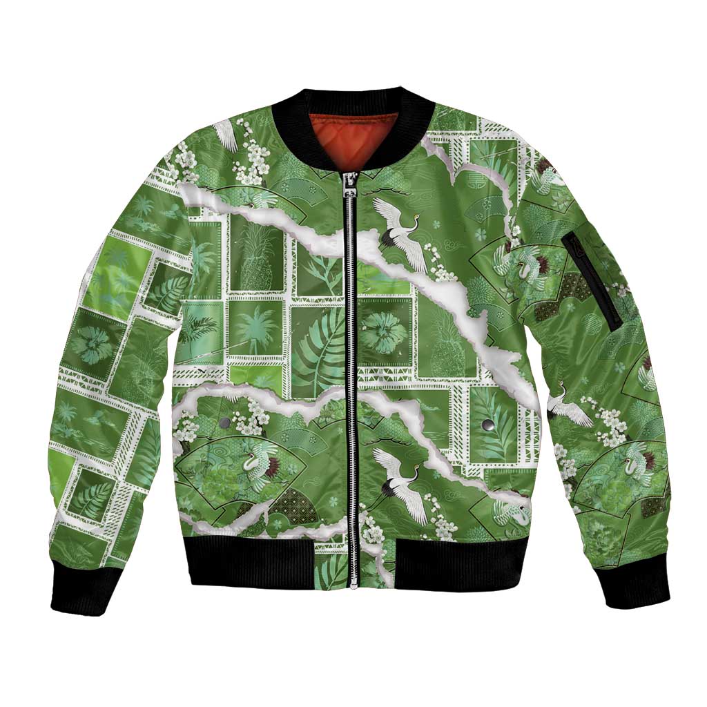 Hawaii Japanese Culture Sage Green Sleeve Zip Bomber Jacket Spring Cranes Aloha Pattern LT01 Unisex Sage - Polynesian Pride
