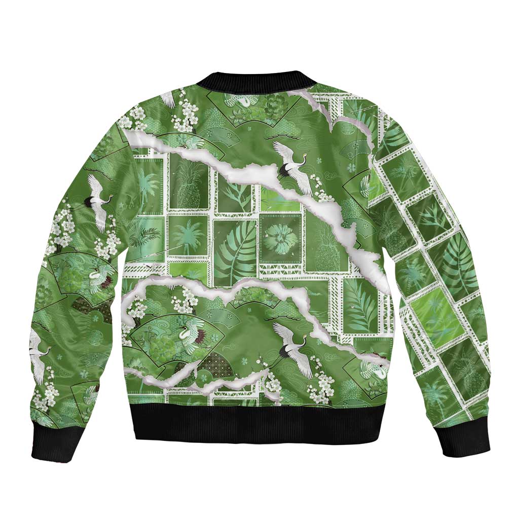 Hawaii Japanese Culture Sage Green Sleeve Zip Bomber Jacket Spring Cranes Aloha Pattern LT01 - Polynesian Pride