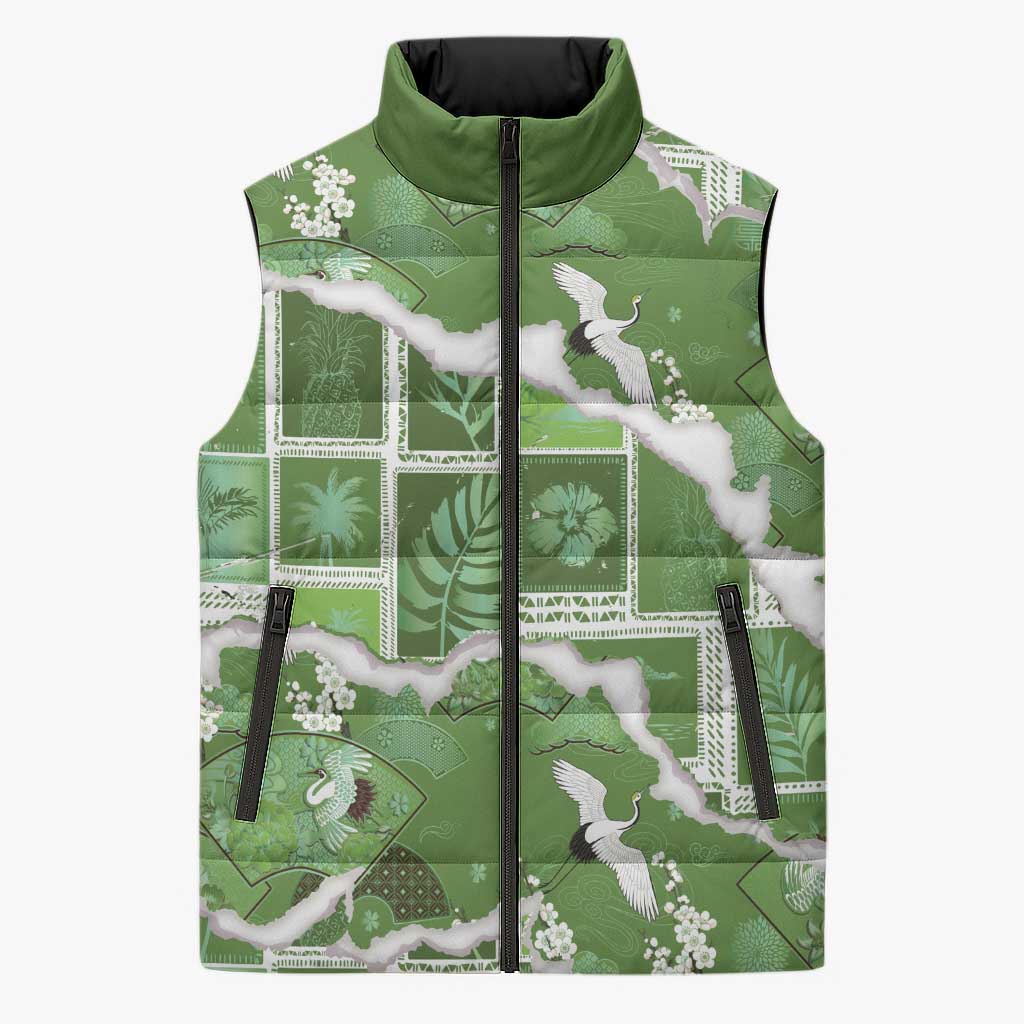Hawaii Japanese Culture Sage Green Sleeveless Puffer Jacket Spring Cranes Aloha Pattern LT01 Unisex Sage - Polynesian Pride