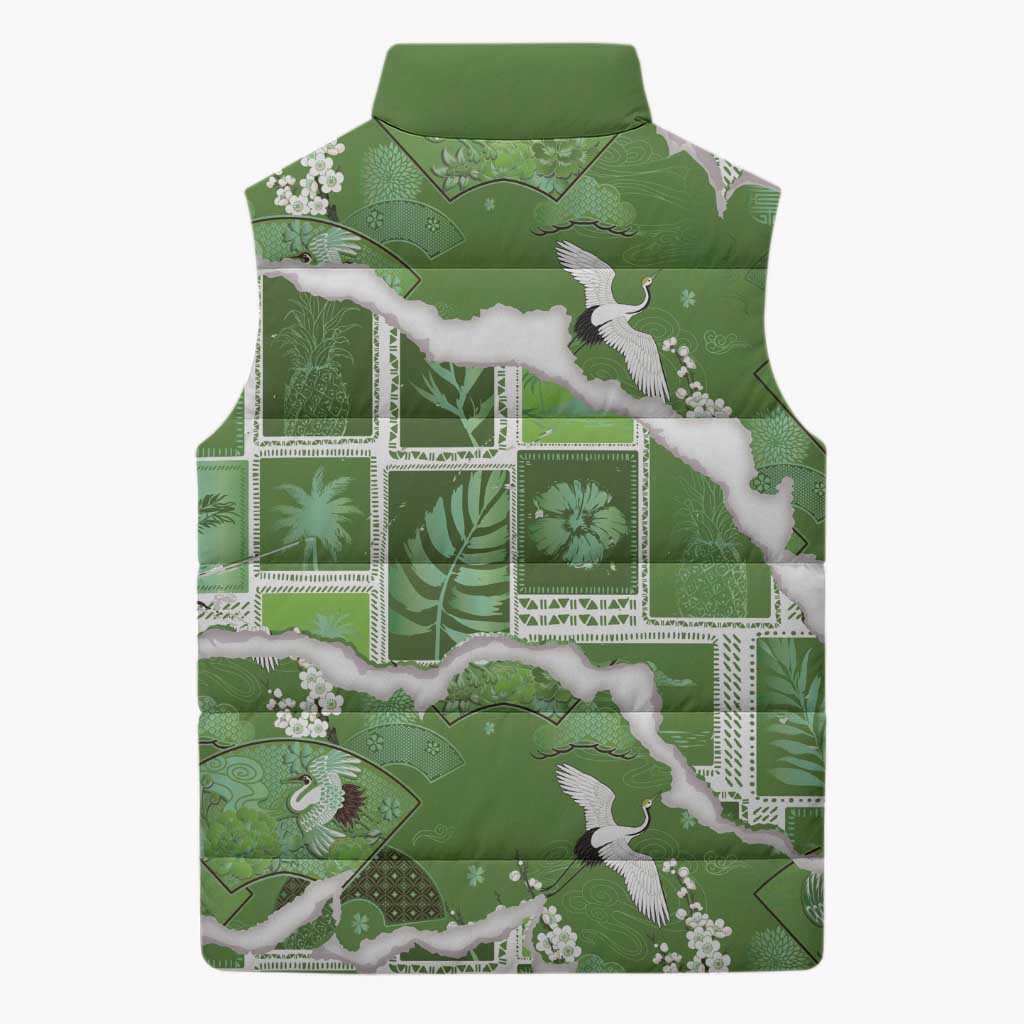 Hawaii Japanese Culture Sage Green Sleeveless Puffer Jacket Spring Cranes Aloha Pattern LT01 - Polynesian Pride