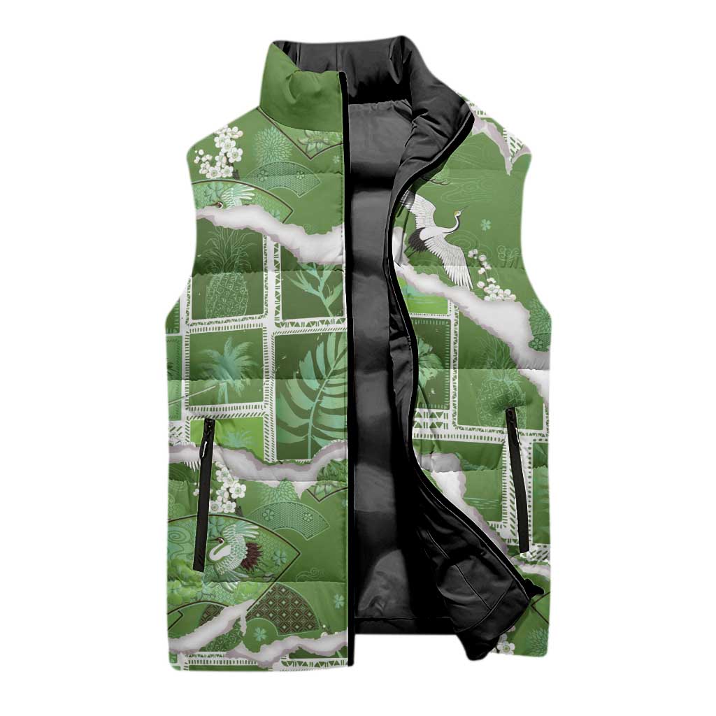 Hawaii Japanese Culture Sage Green Sleeveless Puffer Jacket Spring Cranes Aloha Pattern LT01 - Polynesian Pride