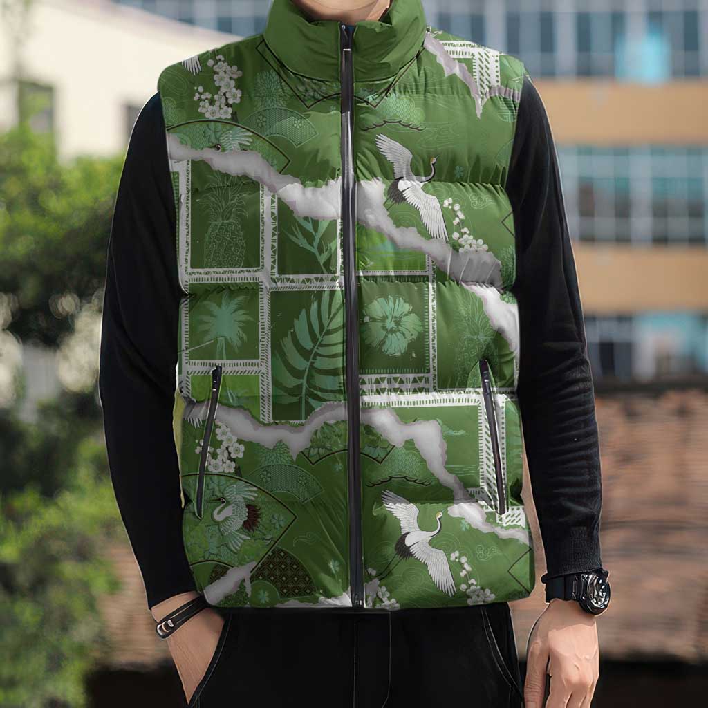 Hawaii Japanese Culture Sage Green Sleeveless Puffer Jacket Spring Cranes Aloha Pattern LT01 - Polynesian Pride