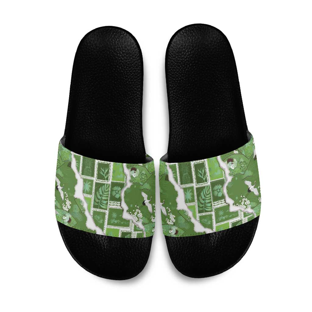 Hawaii Japanese Culture Sage Green Slide Sandals Spring Cranes Aloha Pattern LT01 Sage - Polynesian Pride
