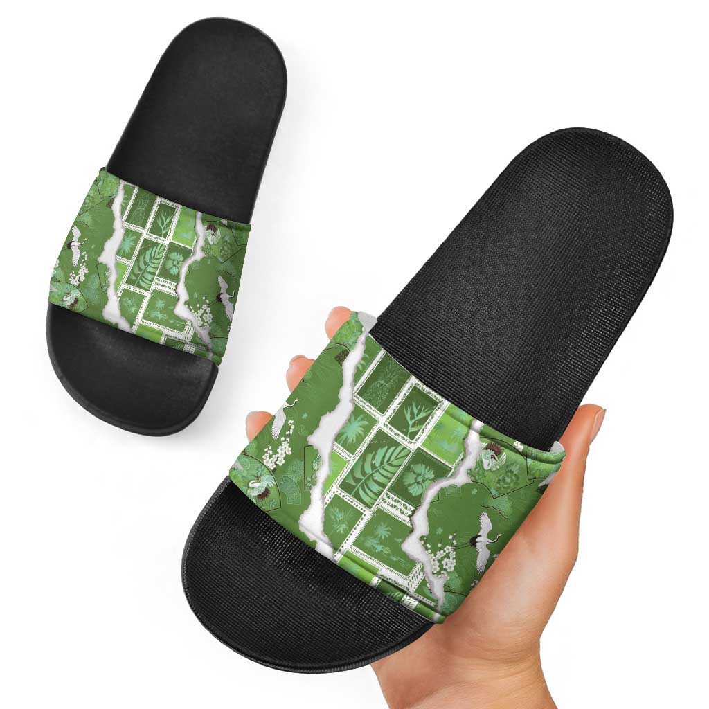 Hawaii Japanese Culture Sage Green Slide Sandals Spring Cranes Aloha Pattern LT01 - Polynesian Pride