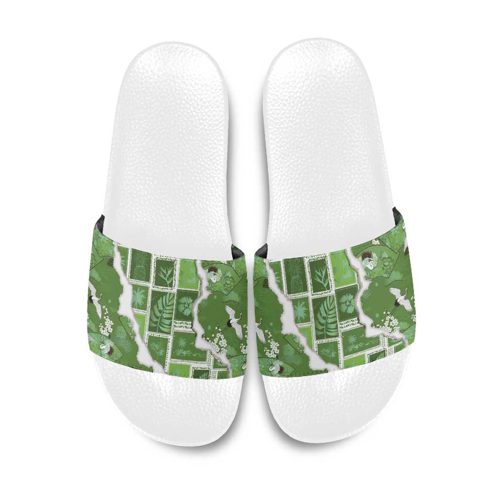 Hawaii Japanese Culture Sage Green Slide Sandals Spring Cranes Aloha Pattern LT01 Sage - Polynesian Pride