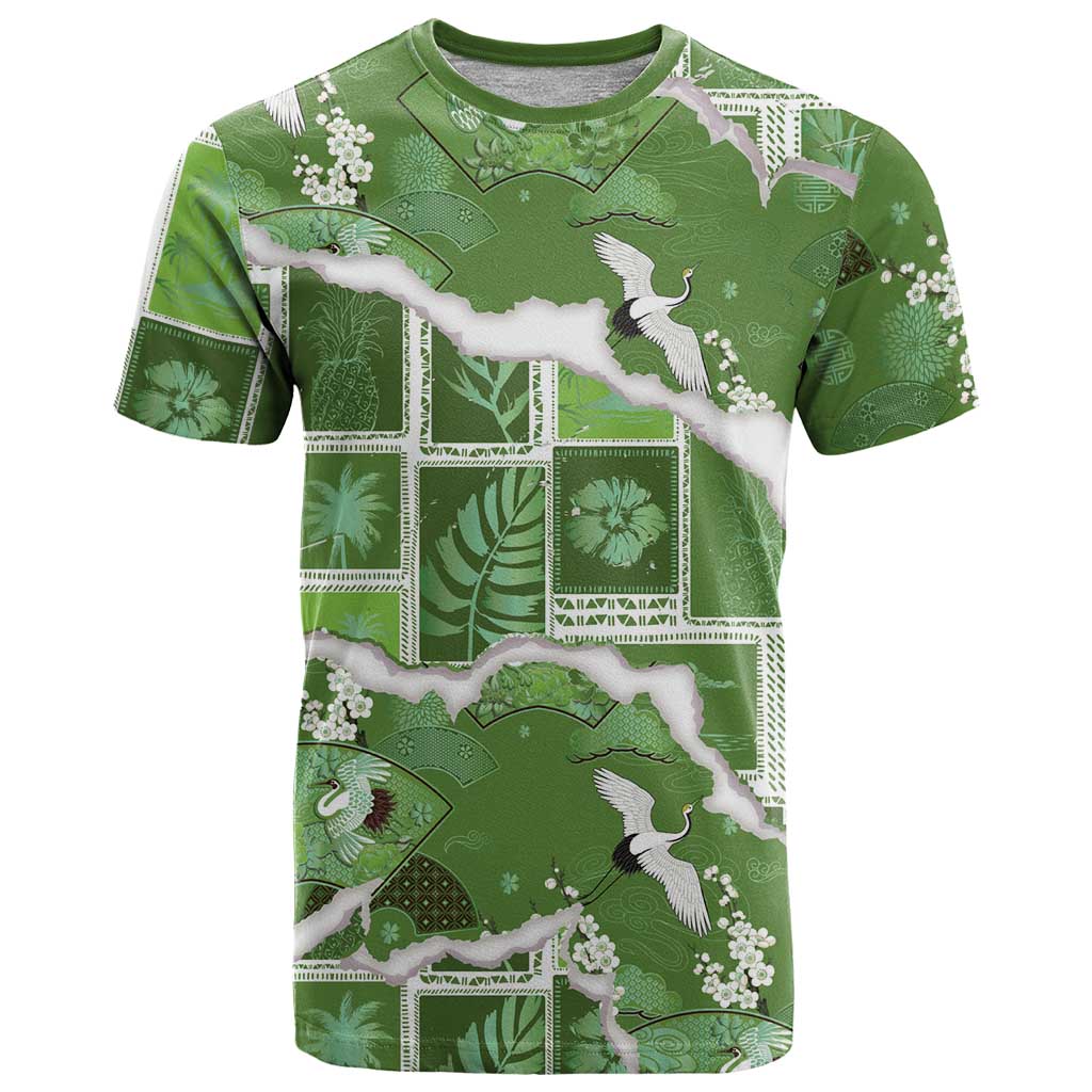 Hawaii Japanese Culture Sage Green T Shirt Spring Cranes Aloha Pattern LT01 Sage - Polynesian Pride