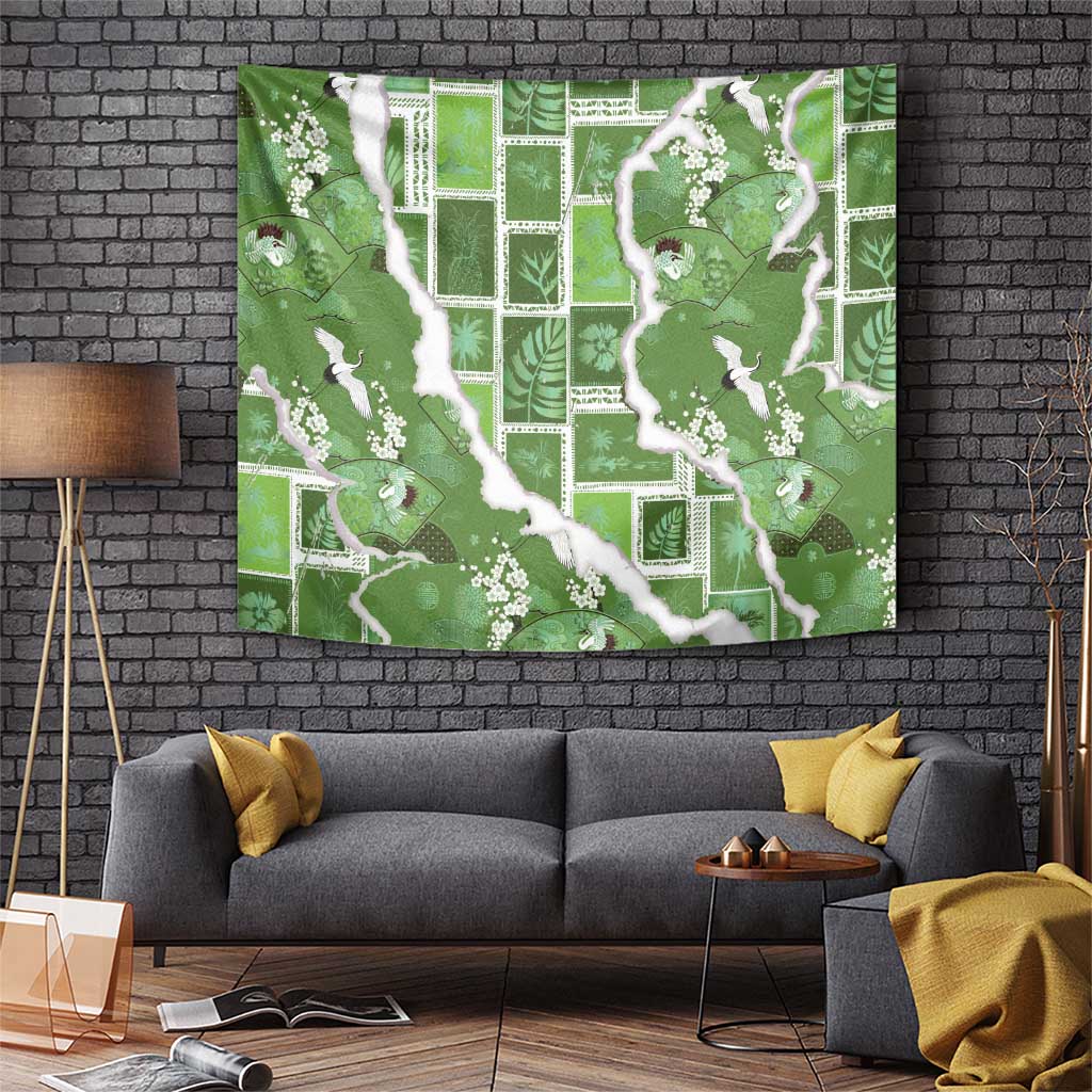 Hawaii Japanese Culture Sage Green Tapestry Spring Cranes Aloha Pattern LT01 Sage - Polynesian Pride