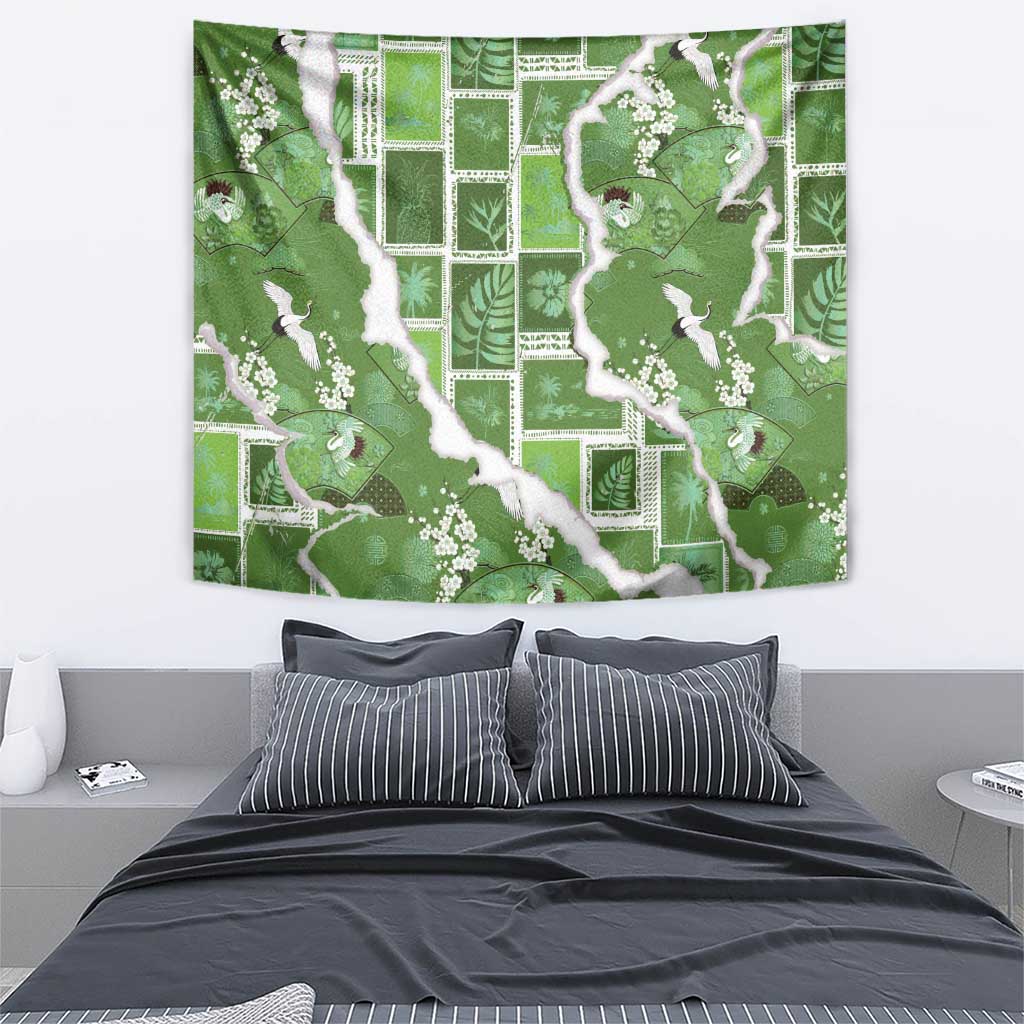 Hawaii Japanese Culture Sage Green Tapestry Spring Cranes Aloha Pattern LT01 - Polynesian Pride