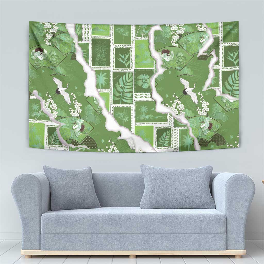 Hawaii Japanese Culture Sage Green Tapestry Spring Cranes Aloha Pattern LT01 - Polynesian Pride
