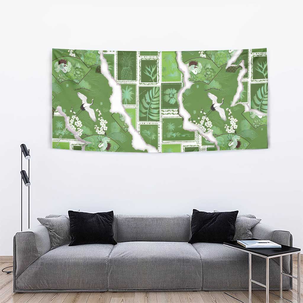 Hawaii Japanese Culture Sage Green Tapestry Spring Cranes Aloha Pattern LT01 - Polynesian Pride