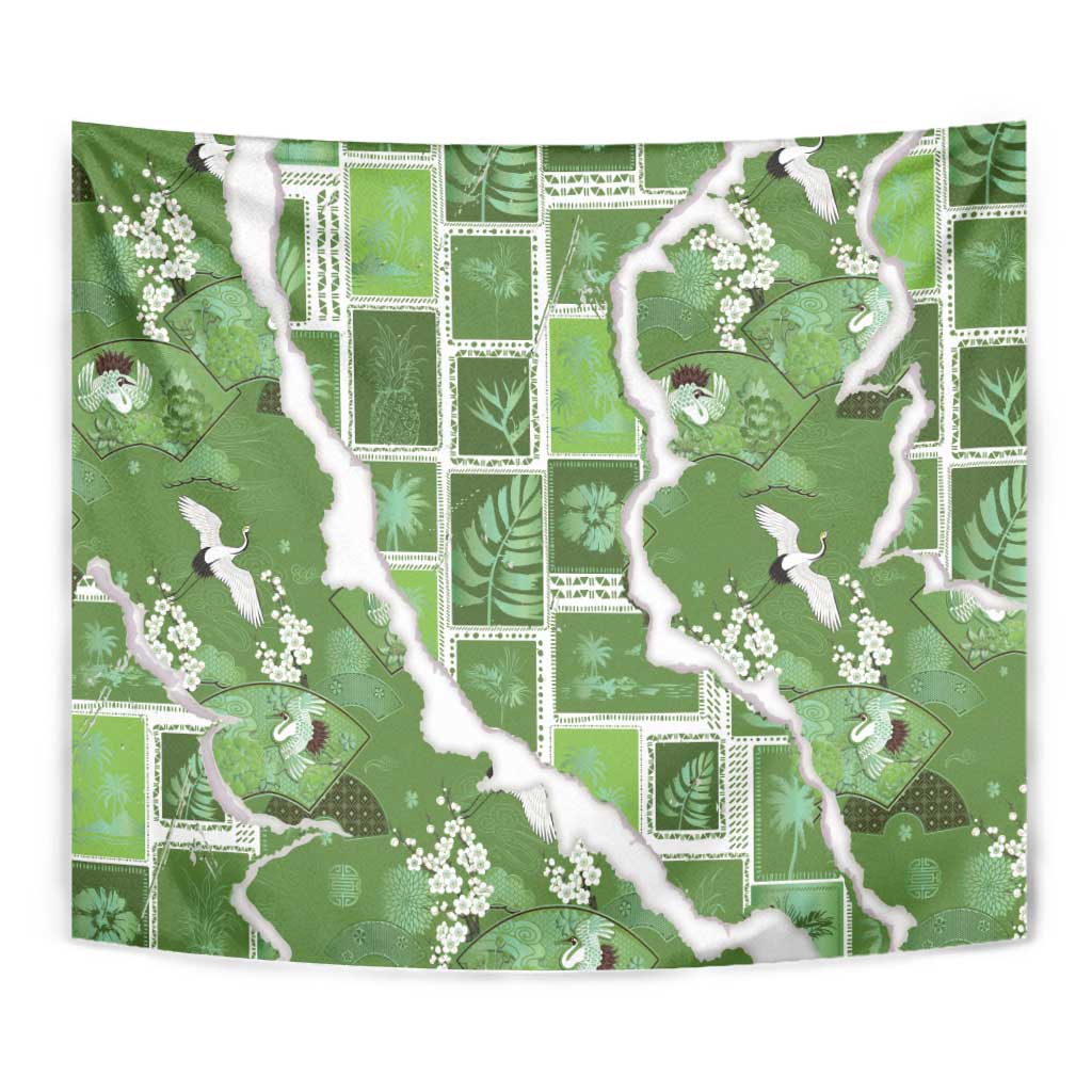Hawaii Japanese Culture Sage Green Tapestry Spring Cranes Aloha Pattern LT01 - Polynesian Pride