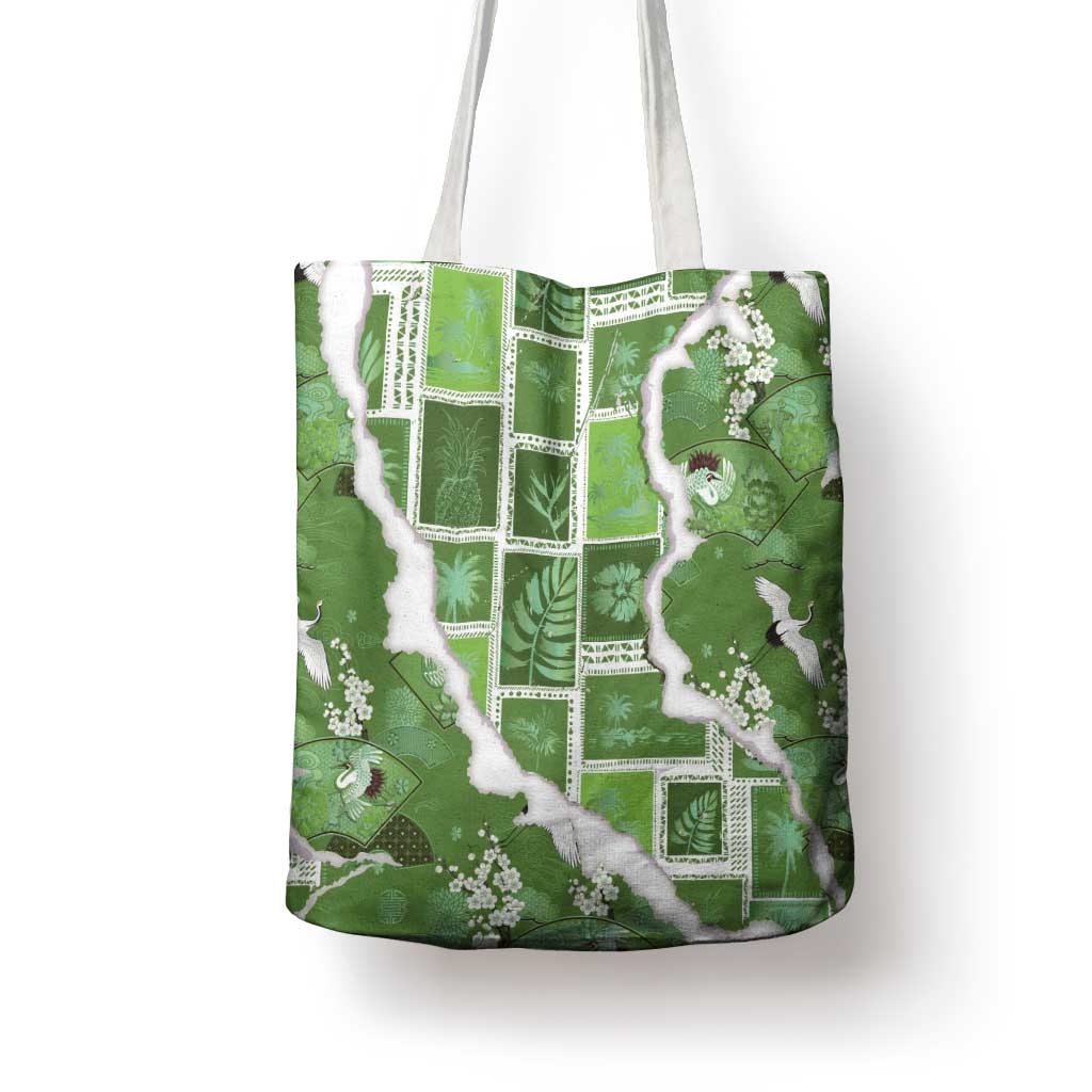 Hawaii Japanese Culture Sage Green Tote Bag Spring Cranes Aloha Pattern LT01 - Polynesian Pride