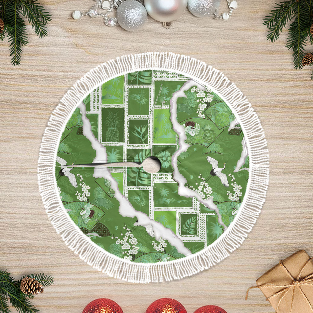 Hawaii Japanese Culture Sage Green Tree Skirt Spring Cranes Aloha Pattern LT01 Fringed Sage - Polynesian Pride