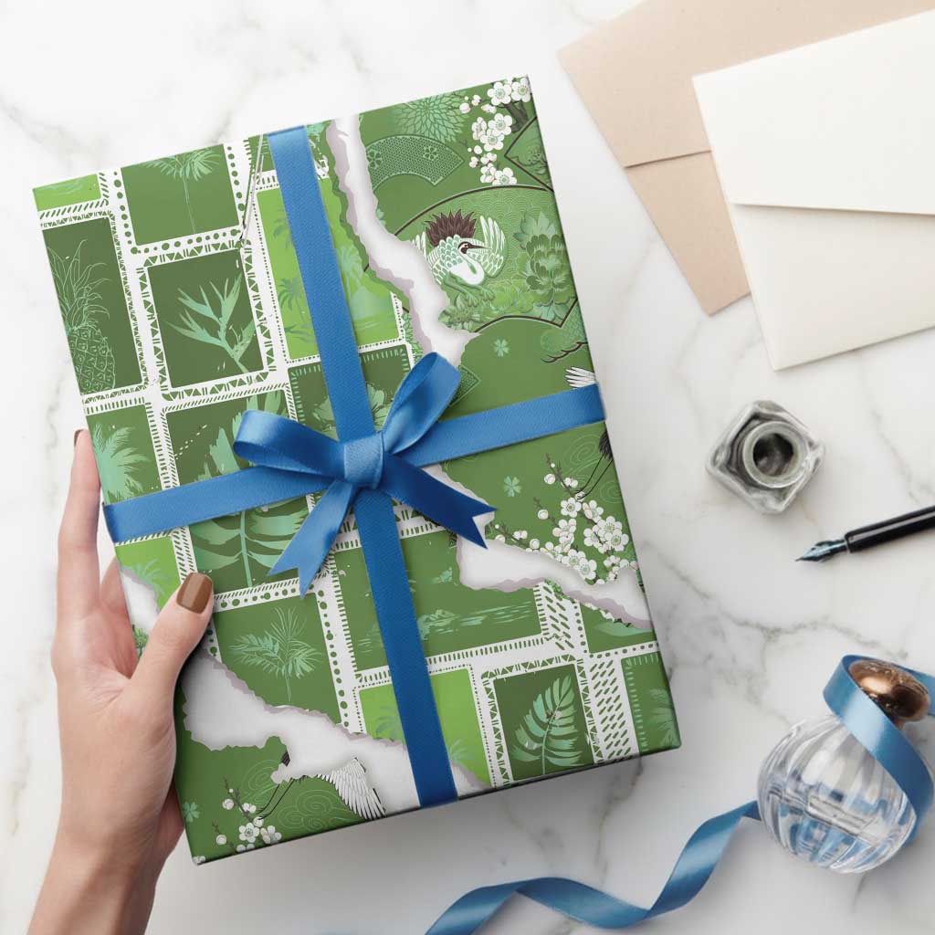 Hawaii Japanese Culture Sage Green Wrapping Paper Spring Cranes Aloha Pattern LT01 - Polynesian Pride