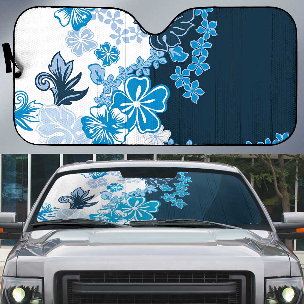Blue Hibiscus Plumeria Floral Auto Sun Shade LT01 Blue - Polynesian Pride
