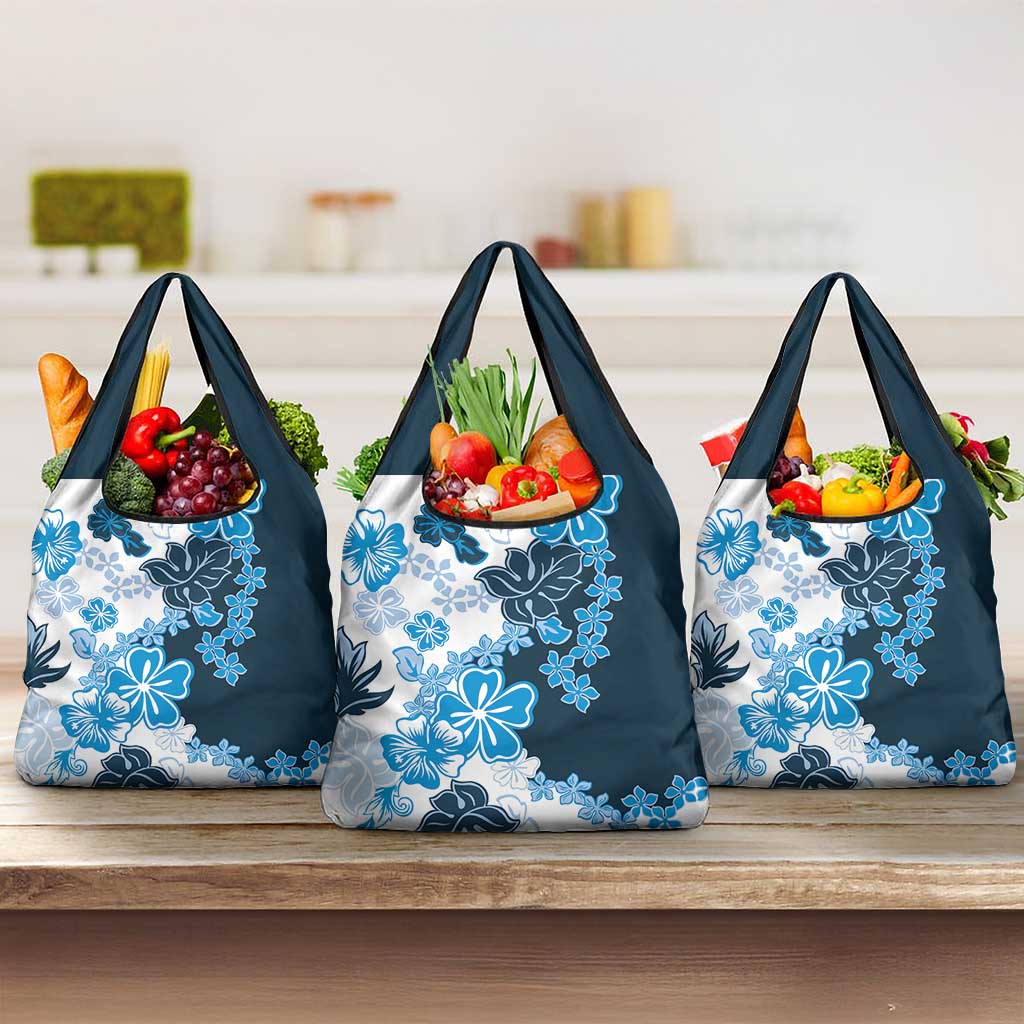 Blue Hibiscus Plumeria Floral Grocery Bag LT01 3-pack One Size Blue - Polynesian Pride