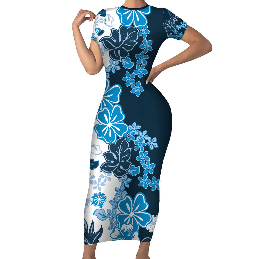 Blue Hibiscus Plumeria Floral Short Sleeve Bodycon Dress LT01 Long Dress Blue - Polynesian Pride