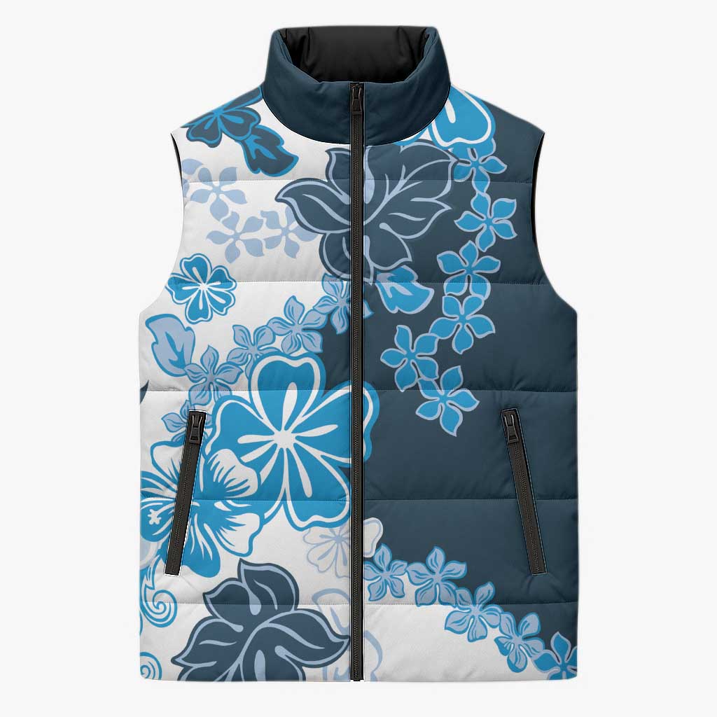Blue Hibiscus Plumeria Floral Sleeveless Puffer Jacket LT01 Blue - Polynesian Pride