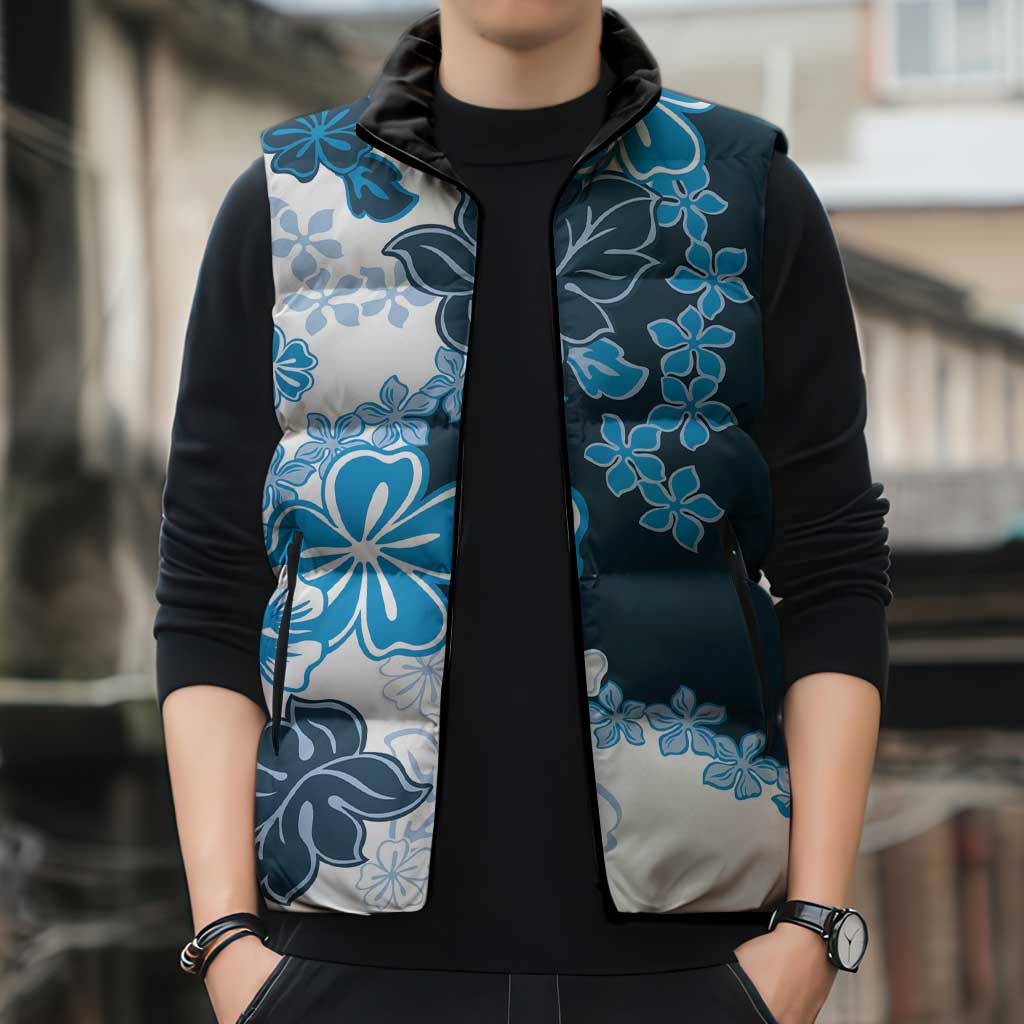 Blue Hibiscus Plumeria Floral Sleeveless Puffer Jacket LT01 - Polynesian Pride