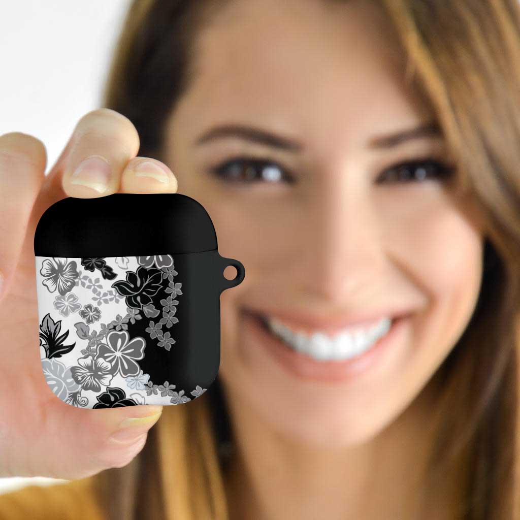 Gray Scale Hibiscus Plumeria Floral AirPods Case LT01 Black - Polynesian Pride
