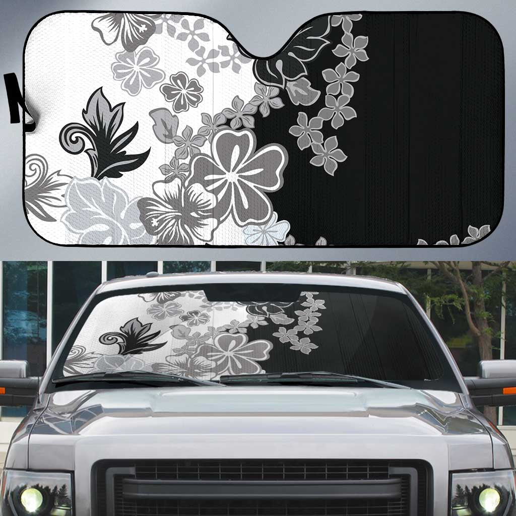 Gray Scale Hibiscus Plumeria Floral Auto Sun Shade LT01 Black - Polynesian Pride