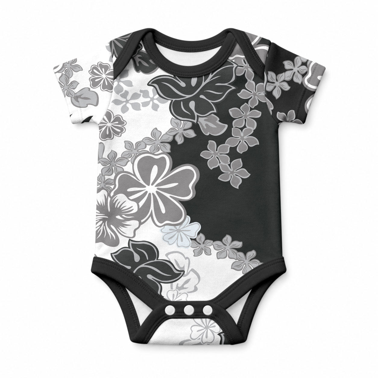 Gray Scale Hibiscus Plumeria Floral Baby Onesie