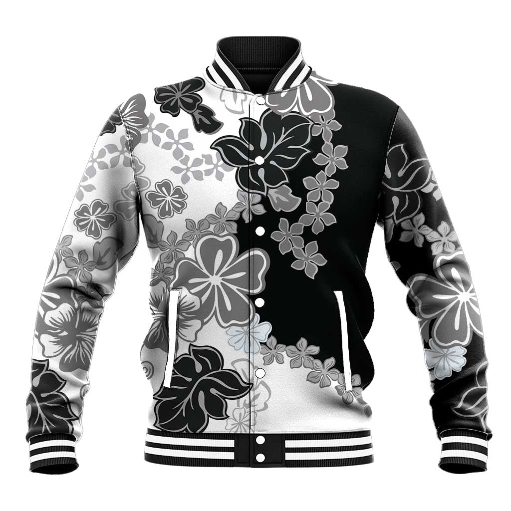 Gray Scale Hibiscus Plumeria Floral Baseball Jacket LT01 Unisex Black - Polynesian Pride