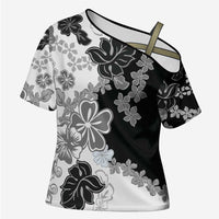 Gray Scale Hibiscus Plumeria Floral Cross Shoulder Shirt LT01 Female Black - Polynesian Pride