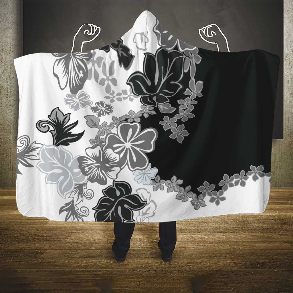 Gray Scale Hibiscus Plumeria Floral Hooded Blanket LT01 - Polynesian Pride